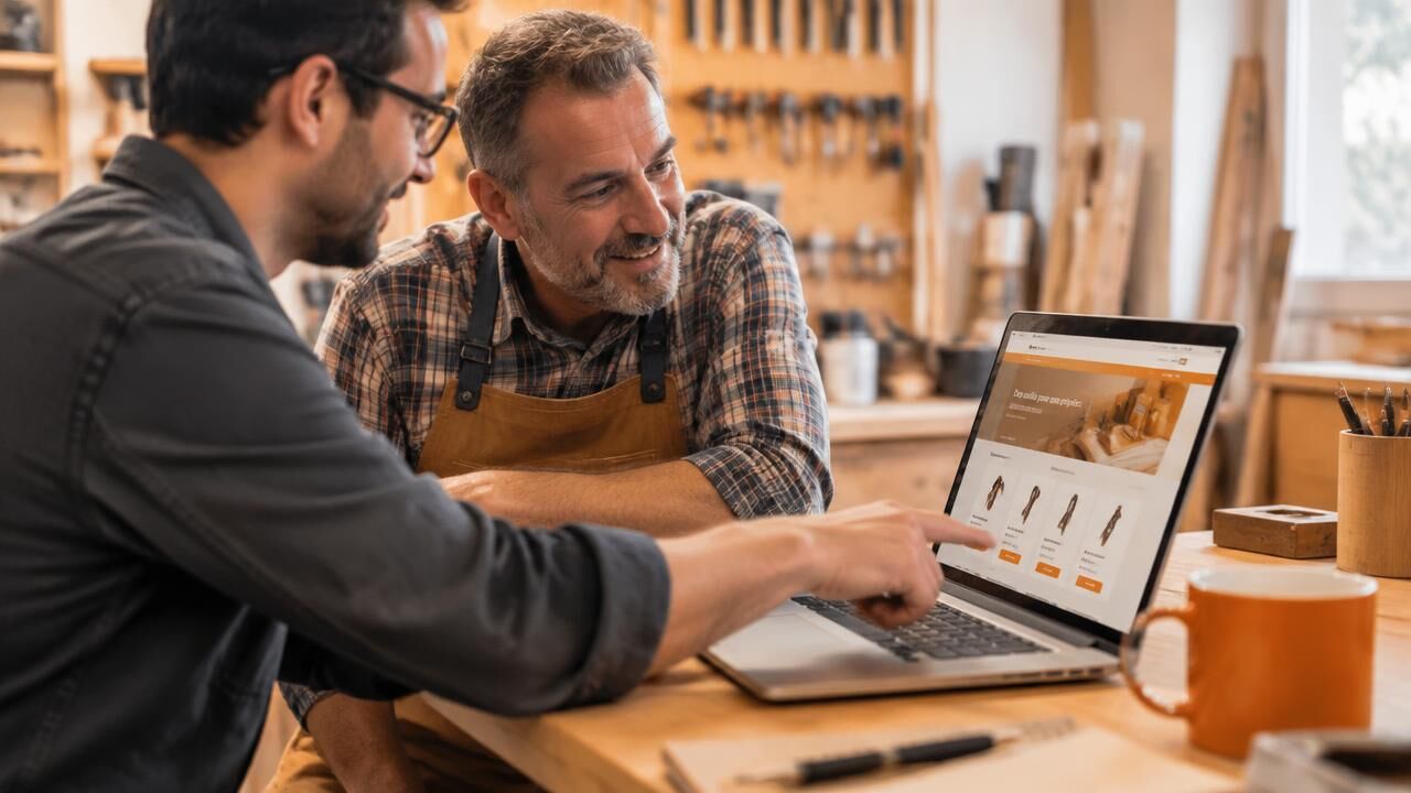 Un développeur de l'agence présente un site e-commerce à un client dans son atelier